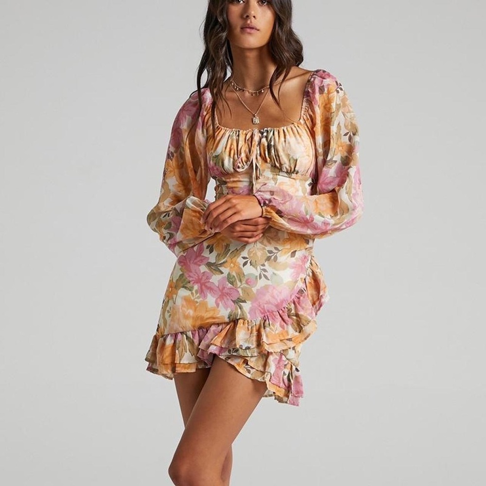 Showpo Floral Long Sleeve Ruffle Mini Dress - Pink Green Orange